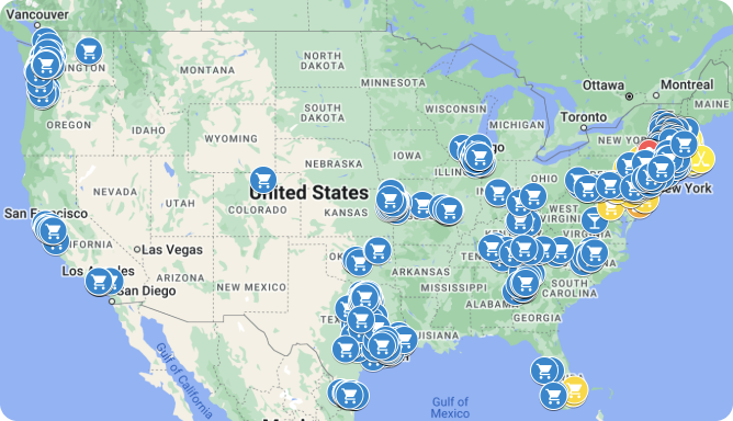 A map of the United States highlighting the many Shelf Nine Network locations scattered across the map.